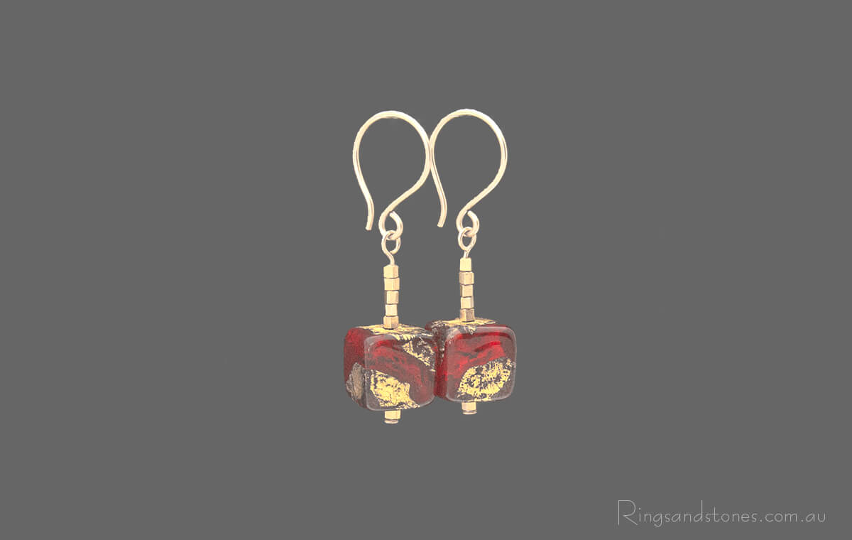 Gold and red beaded earrings. Small gold and red Murano glass earrings.