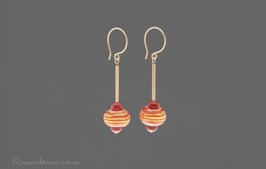 Gold filled 14/20 long Murano glass earrings in gold and red