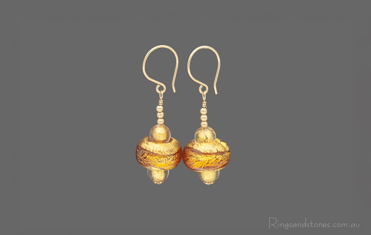 Gold beaded earrings with genuine Murano glass 24kt gold foil beads.