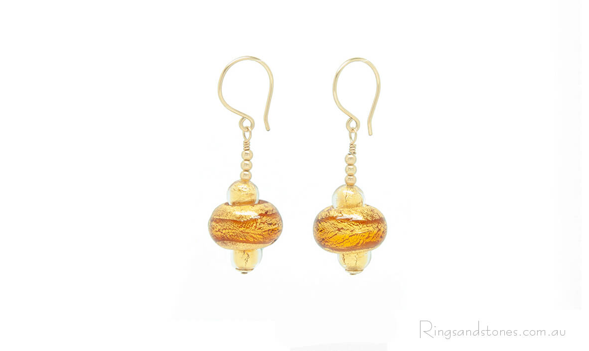 Handmade original gold Murano glass beaded earrings.