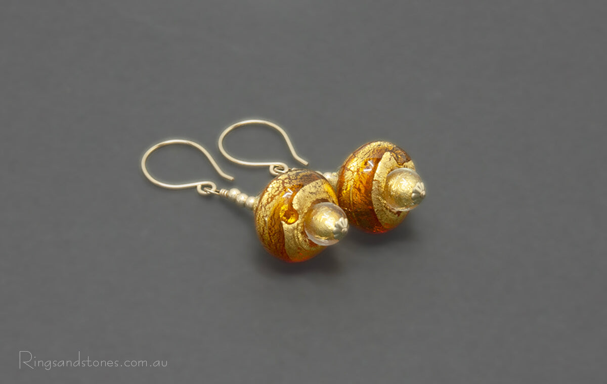 Long gold beaded drop earrings with genuine 24kt gold foil Murano glass