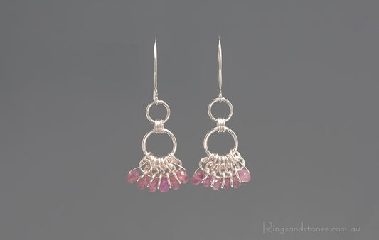 Pink tourmaline sterling silver earrings. Handcrafted chainmaille earrings.