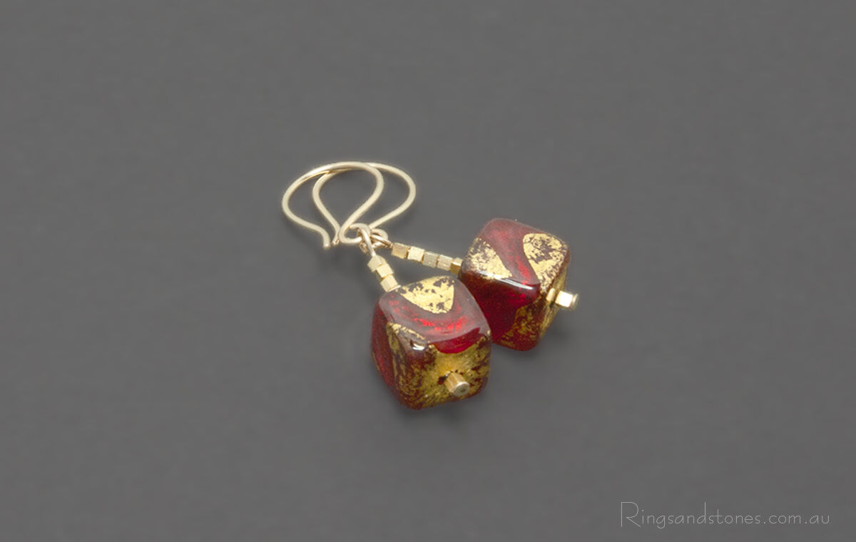 Gold earrings Gold and red beaded earrings. Red and gold drop earrings.