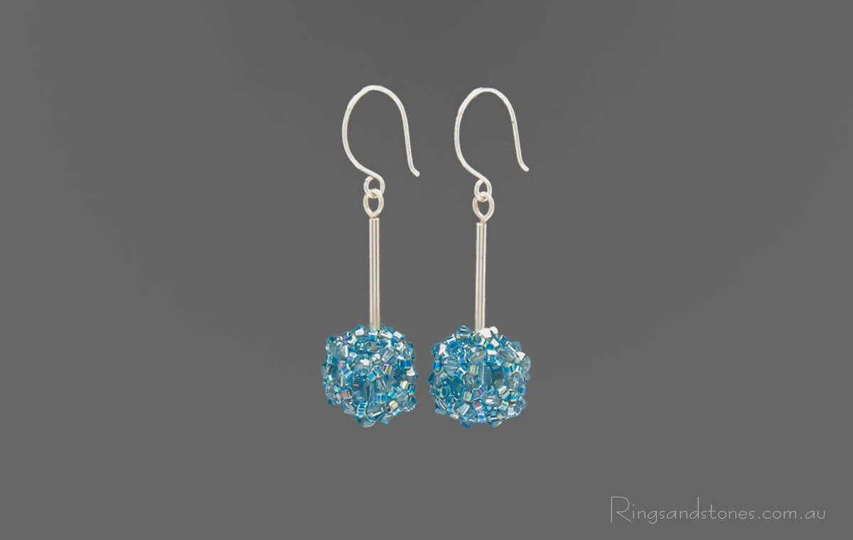 Sterling silver long drop beaded blue earrings