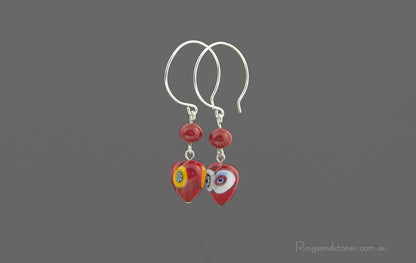 Red heart Murano glass sterling silver earrings